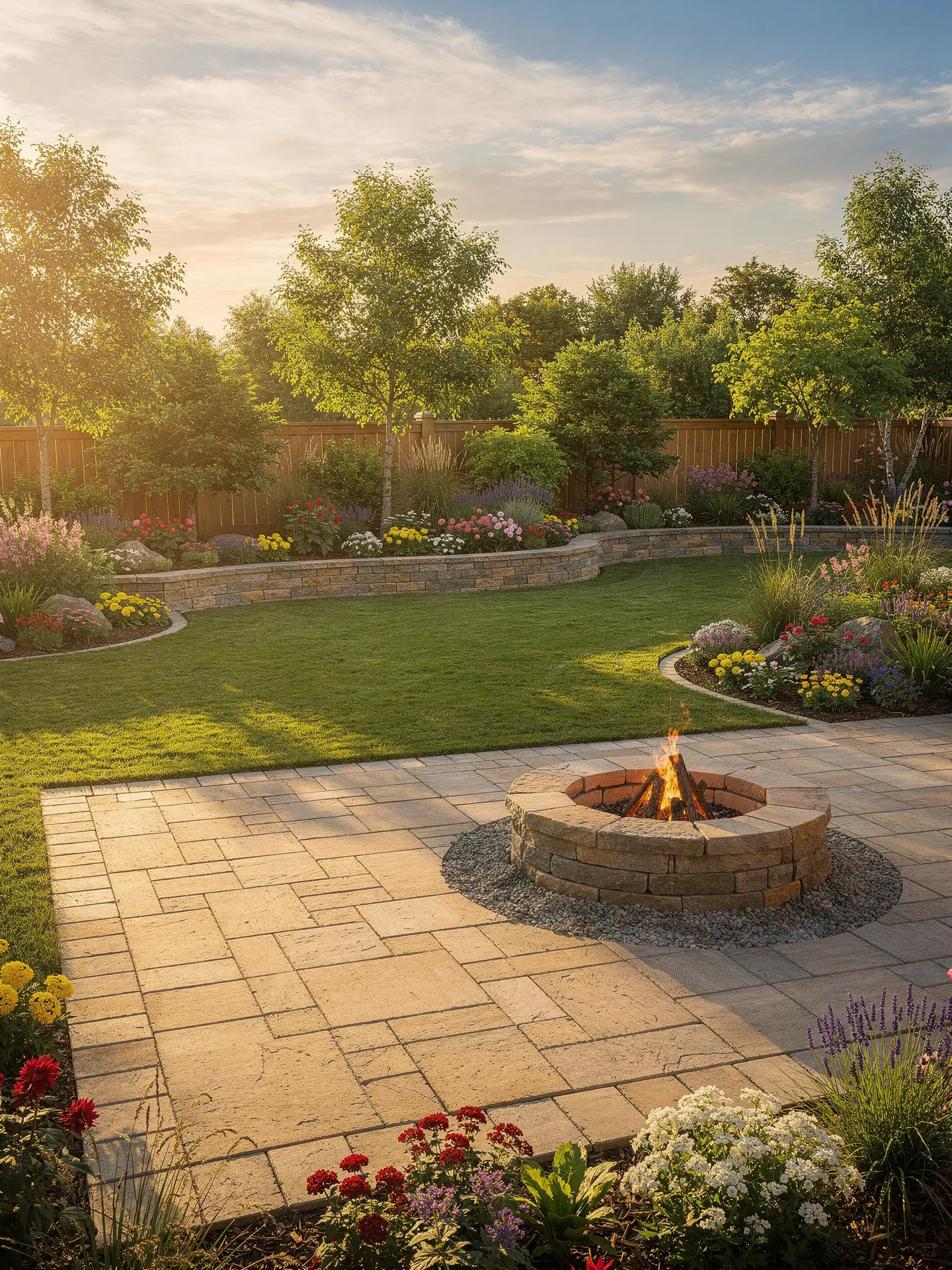 Landscaped backyard with paver patio and fire pit