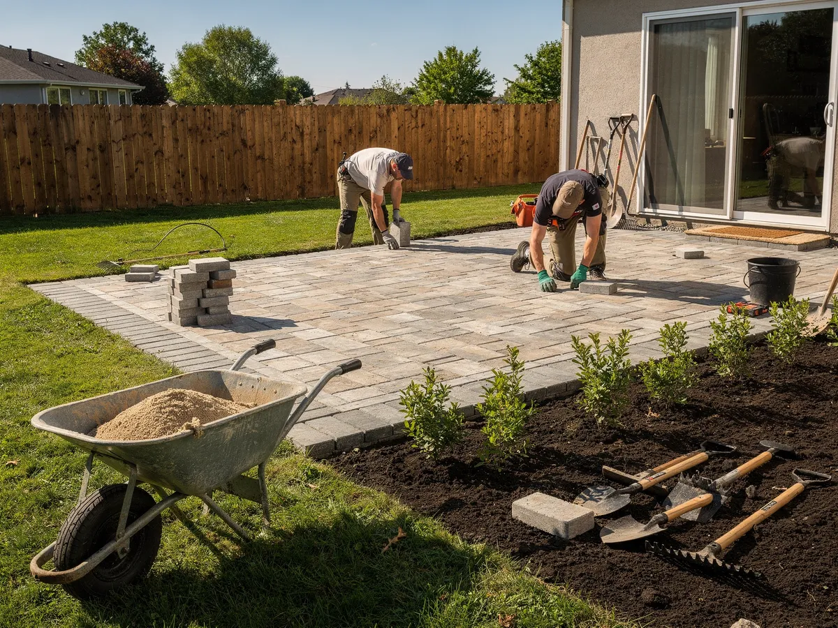 Cedar & Stone crew installing a paver patio